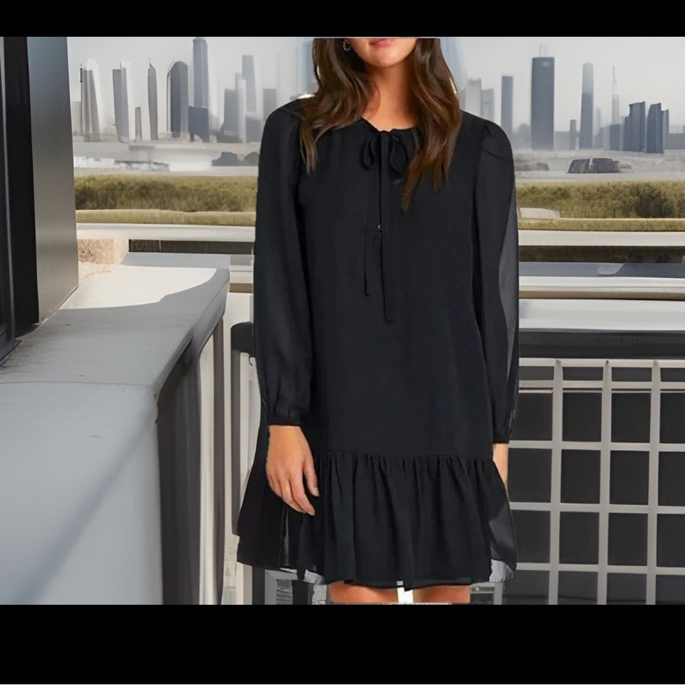 Draper James Black Ruffled Hem Formal TIE NECK FLOUNCE SHIFT DRESS